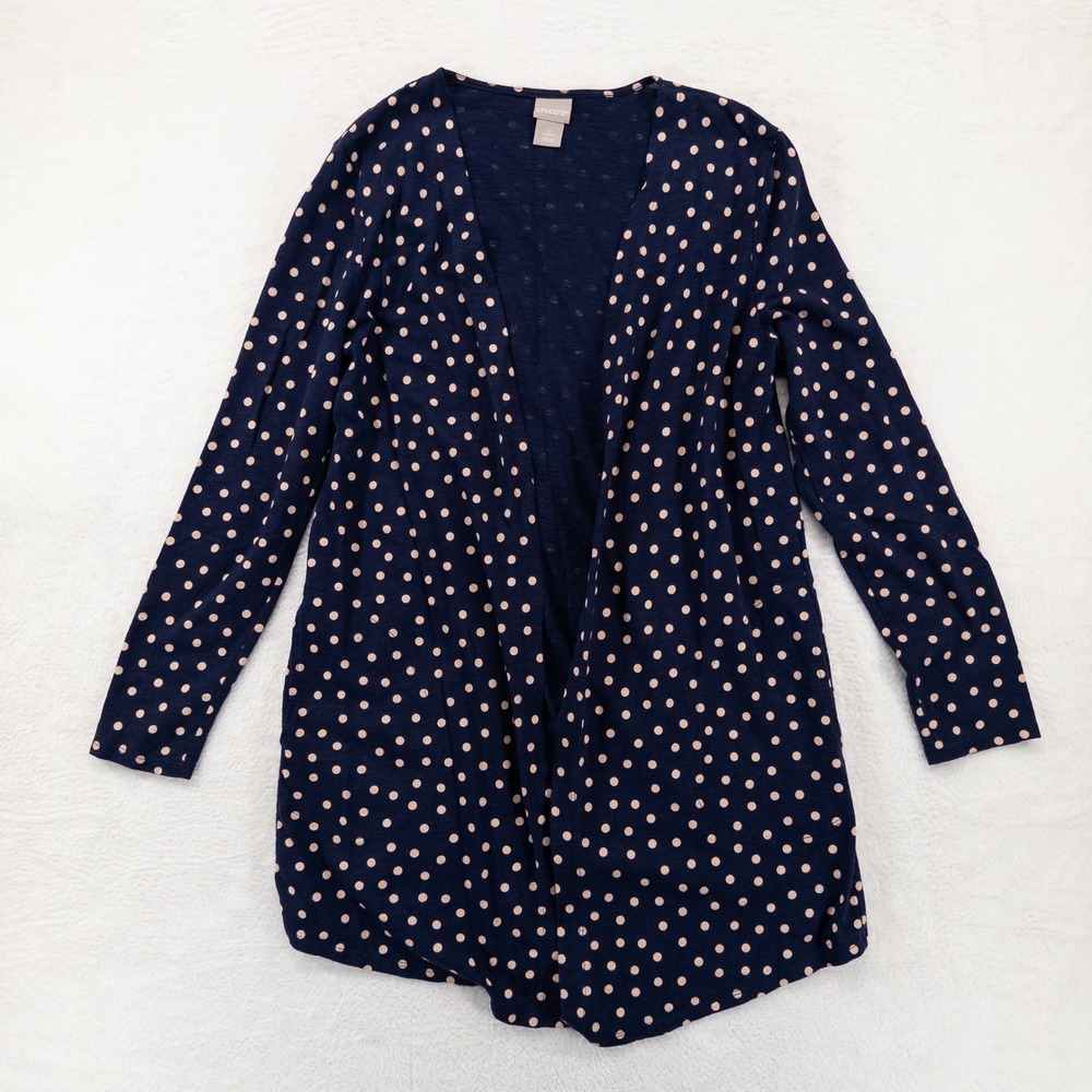 Chicos Cardigan Top Size 0 US Small Navy Blue Polka Dot Open Front Slub Knit